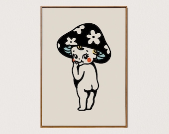 DO DRUKU grafika z grzybem kewpie, słodka sztuka ścienna kewpie, tatuaż, dekoracja Sonny Angel, wydruk do pobrania, cyfrowa sztuka