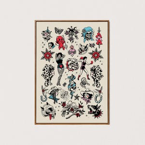 PRINTABLE traditional tattoo flash art print sailor jerry wall art pinup tattoo decor pink blue vintage downloadable digital art