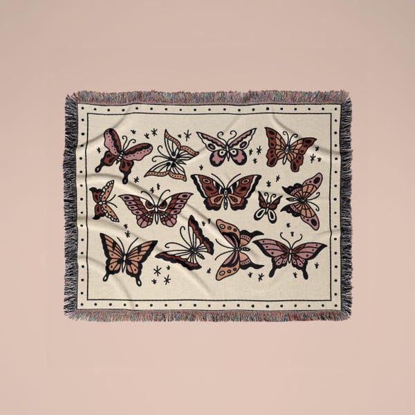 butterfly woven throw blanket traditional tattoo tapestry wall hanging pink and red butterflies picnic blanket edgy nursery decor