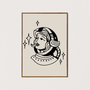 Impresión artística de chica espacial IMPRIMIBLE, arte de pared de tatuaje tradicional en blanco y negro, lindo arte digital descargable