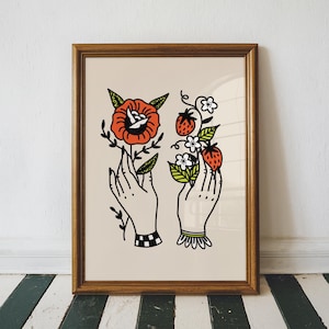strawberries tattoo art print rose wall art traditional tattoo decor cute red print UNFRAMED