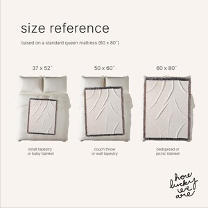 May include: A size reference chart for blankets showing three rectangular woven throws with fringed edges on a white bed. Text labels include size reference based on a standard queen mattress 60 x 80 inches, 37 x 52 inches, 50 x 60 inches, 60 x 80 inches, and how lucky we are.