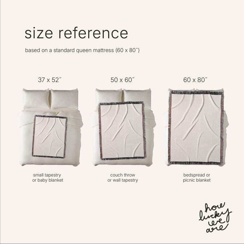 May include: A size reference chart for blankets showing three rectangular woven throws with fringed edges on a white bed. Text labels include size reference based on a standard queen mattress 60 x 80 inches, 37 x 52 inches, 50 x 60 inches, 60 x 80 inches, and how lucky we are.