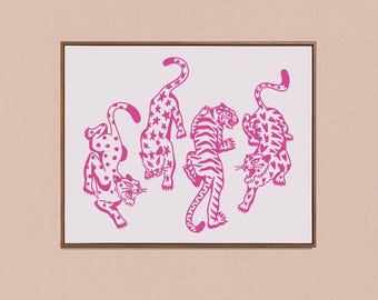 May include: A framed wall art print featuring four stylized tigers in bright pink ink on a white background. Each tiger displays a unique pattern, including polka dots, stars, traditional stripes, and hearts, all rendered in a bold, graphic style.
