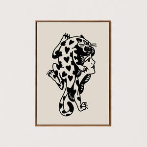 AFDRUKBARE hart kat dame tattoo art print tijger kunst aan de muur traditionele tattoo decor zwart-wit downloadbare digitale kunst