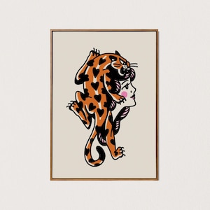 AFDRUKBARE liefde kat dame hoofd tattoo art print tattoo flash muur kunst traditionele tattoo decor hart tijger downloadbare digitale kunst