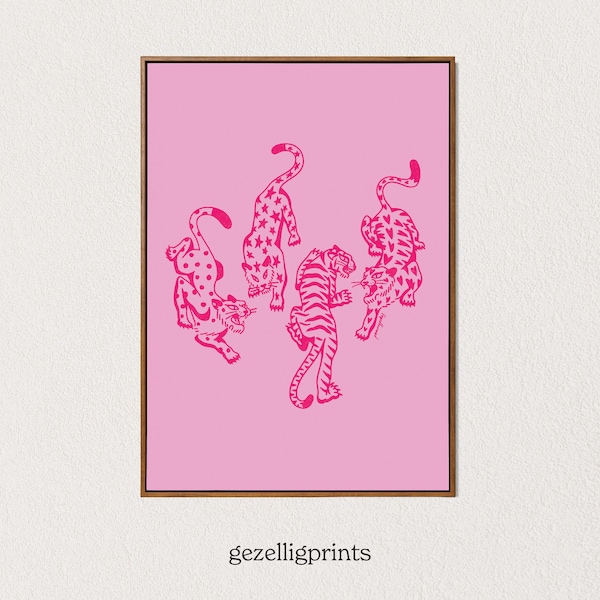 PRINTABLE cats art print | tattoo flash tigers + panthers | stars + hearts | neon pink | downloadable digital art | 025