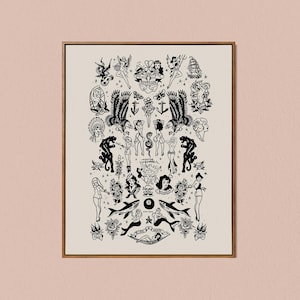 PRINTABLE nautical tattoo flash art print sailor jerry wall art traditional tattoo decor black and white vintage downloadable digital art