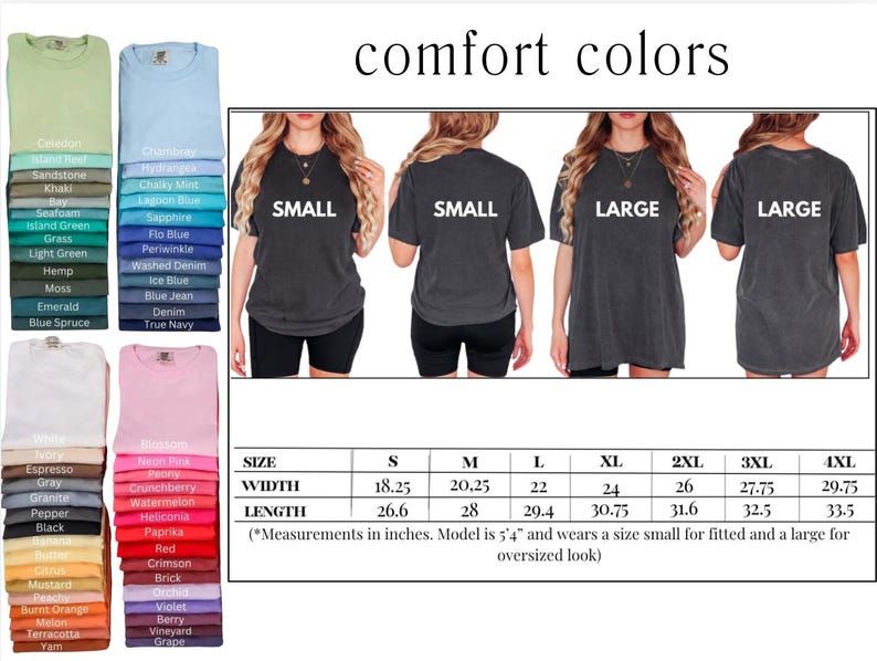K&ouml;nnte beinhalten: Eine Tabelle mit den Gr&ouml;&szlig;en- und Breitenma&szlig;en eines T-Shirts in Zoll. Die Tabelle zeigt die Ma&szlig;e f&uuml;r die Gr&ouml;&szlig;en Small, Medium, Large, Extra Large, 2XL, 3XL und 4XL. Die Tabelle enth&auml;lt auch einen Hinweis, dass das Model 5'4" gro&szlig; ist und eine Gr&ouml;&szlig;e Small f&uuml;r einen figurbetonten Look und eine Gr&ouml;&szlig;e Large f&uuml;r einen Oversize-Look tr&auml;gt.