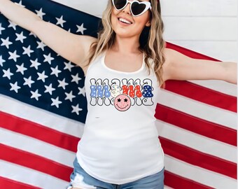 Camiseta sin mangas Mama, 4 de julio, Americana, Camiseta patriótica de mujer, Camiseta sin mangas con espalda cruzada, Camiseta sin mangas roja, blanca y azul, Tema de EE. UU.