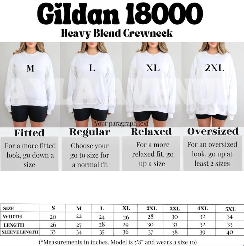 K&ouml;nnte beinhalten: Gr&ouml;&szlig;entabelle f&uuml;r Gildan 18000 Heavy Blend Crewneck Sweatshirts. Die Tabelle zeigt die Ma&szlig;e in Zoll f&uuml;r die Gr&ouml;&szlig;en S bis 5XL, einschlie&szlig;lich Breite, L&auml;nge und &Auml;rmell&auml;nge. Die Tabelle enth&auml;lt auch Informationen &uuml;ber die Passform der Sweatshirts, wie z. B. figurbetont, normal, locker und oversized.