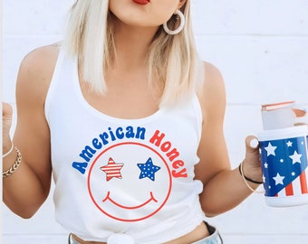 American Honey, Tanktop , July Fourth , American , Patriotic Women's Top, Racerback Tank , Red White and Blue Sleeveless Tee , USA Theme