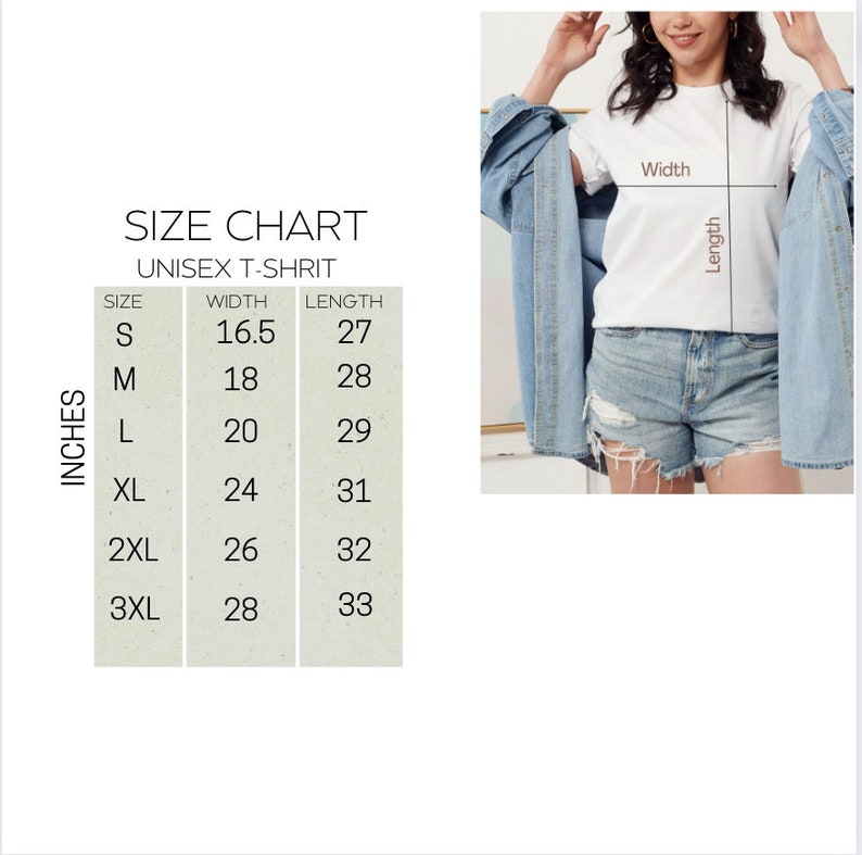 May include: Size chart for a unisex t-shirt with measurements in inches for width and length. Sizes include S, M, L, XL, 2XL, and 3XL.
