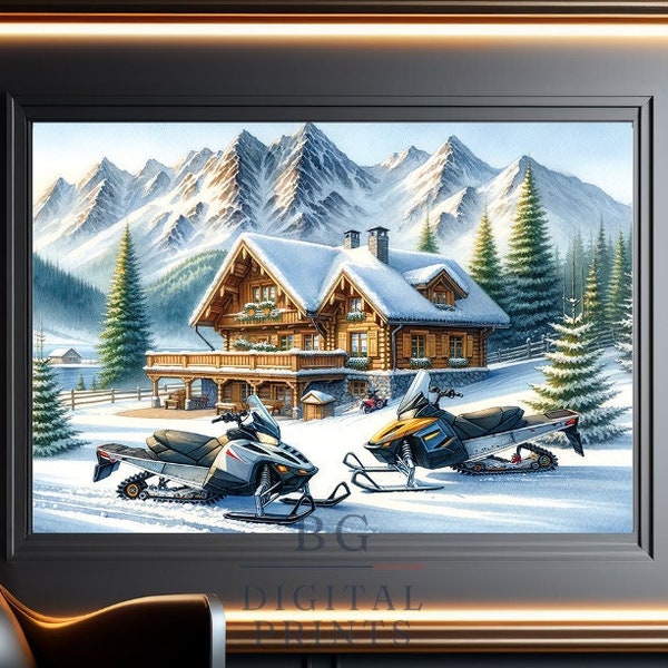 Cozy mountain cabin with snowmobiles in front - Wall Art, Digital Download, Printable, home room decor, AI generated art