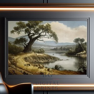 Tranquil Lakeside Scene - Serene Nature Landscape Art - Wall Art, Digital Download, office art, bedroom art