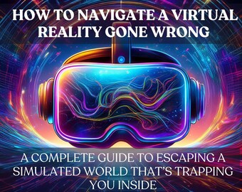 May include: A colourful illustration of a virtual reality headset with the text "HOW TO NAVIGATE A VIRTUAL REALITY GONE WRONG" and "A COMPLETE GUIDE TO ESCAPING A SIMULATED WORLD THAT'S TRAPPING YOU INSIDE".