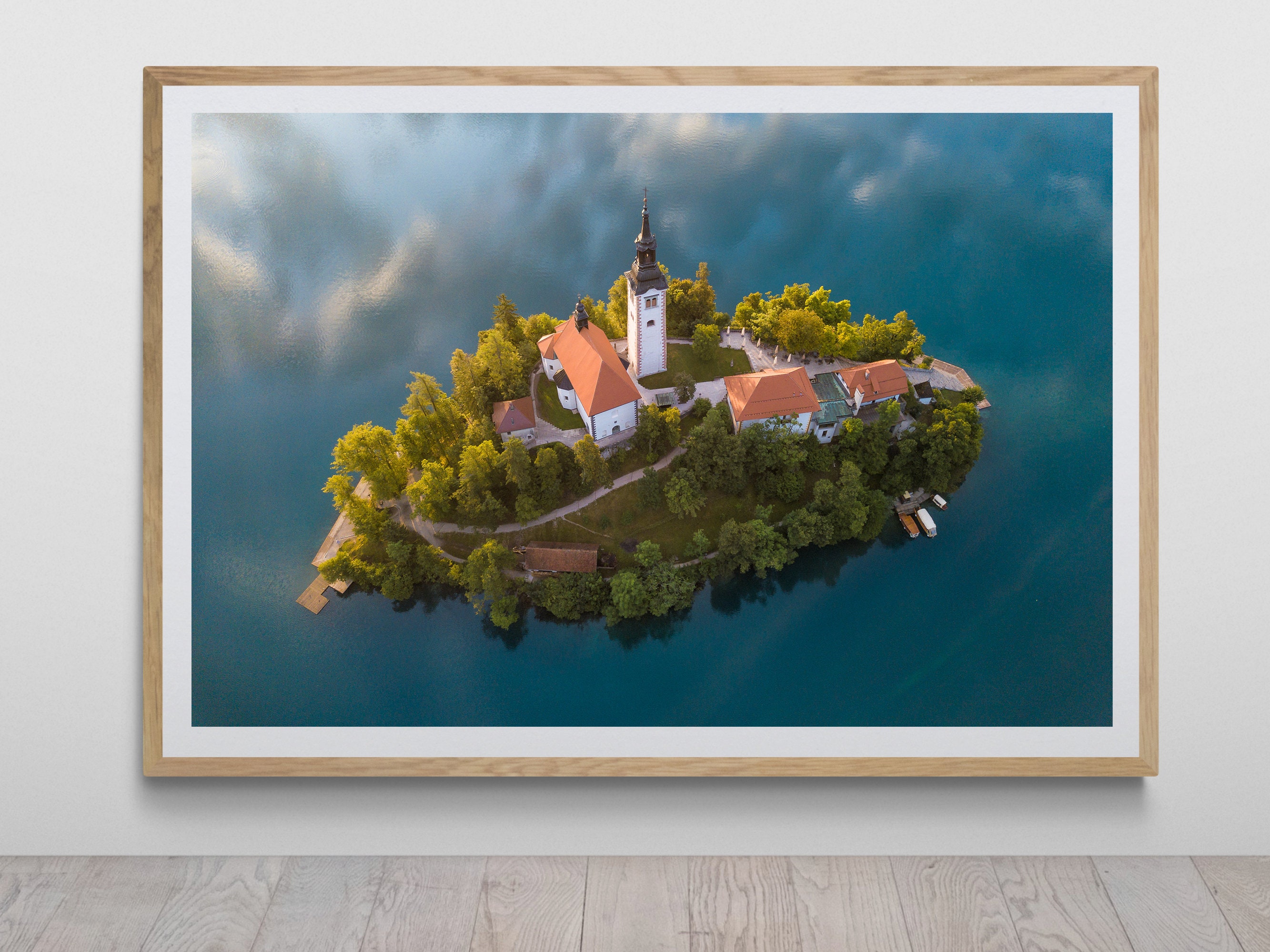 Aerial View of Lake Bled Monastery Church Island Print by Tzvika Stein
