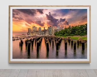 NYC Skyline Sunset Print by Tzvika Stein - High Quality Photography Wall Art - American Landscape Poster - Cityscape View
