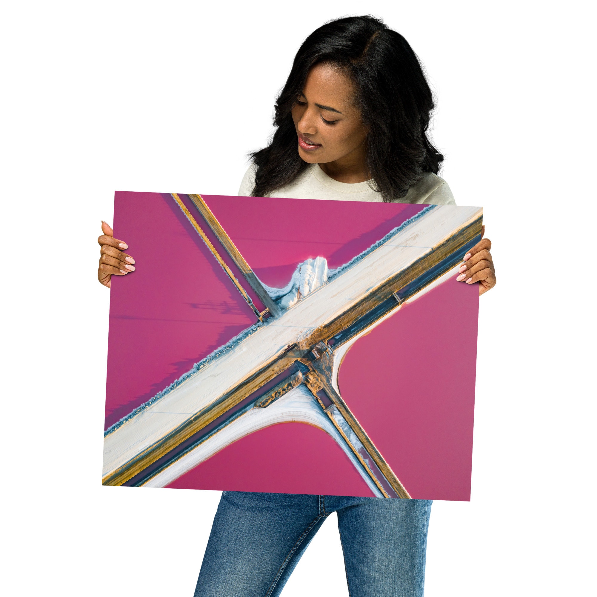 ハンドペイント　風景画 ピンクソルトポンドの航空写真：サンフランシスコの抽象的な風景