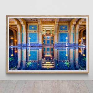 Hearst Castle Roman Pool Print  by Tzvika Stein - Blue Gold Mosaic Architecture Poster - Perfect Symmetry Reflection Hiqh Quality Wall Art