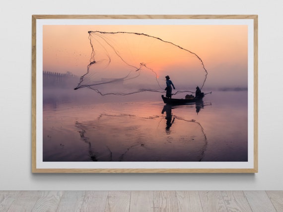 Sunrise Fisherman Print by Tzvika Stein Wall Art Casting Net Far