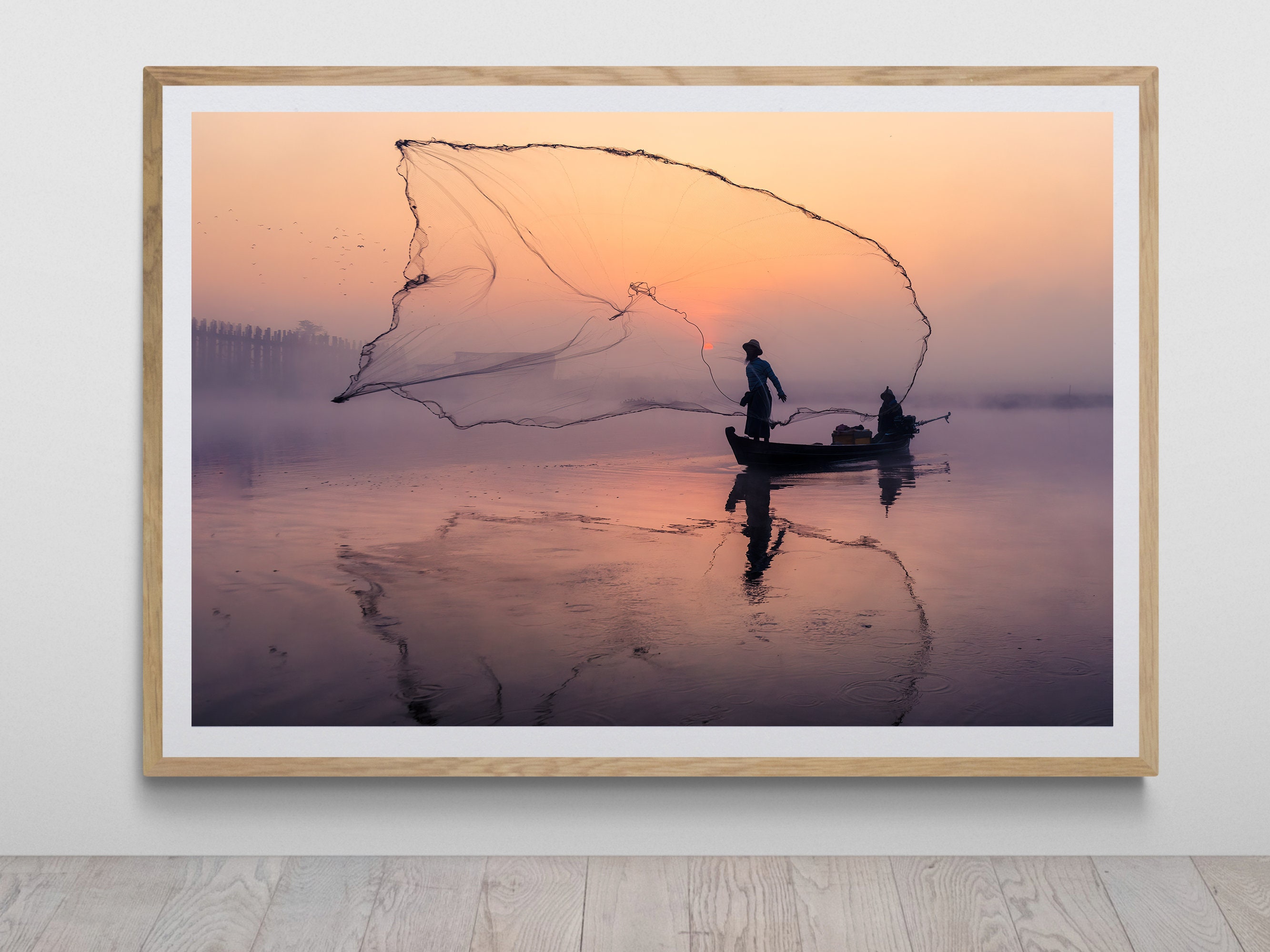 Fisherman On Raft With Fishing Nets In Asia Sky Reflecting On Lake Photo  Black Wood Framed Art Poster 20x14 - Poster Foundry