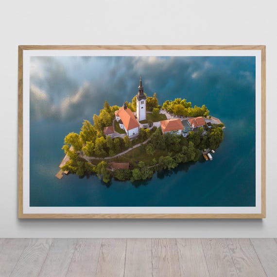 Aerial View of Lake Bled Monastery Church Island Print by Tzvika Stein - Quality Print, Unframed - Slovenia Landscape