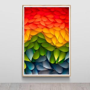 Puede incluir: Impresión de arte abstracto con un patrón colorido de formas de papel superpuestas en tonos de rojo, naranja, amarillo, verde y azul.
