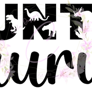 May include: Black and white graphic design with the text "Auntie Saurus" featuring dinosaur silhouettes and floral accents.