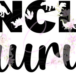 May include: Black and white graphic design with the text "Unclesaurus" featuring dinosaur silhouettes and footprints.