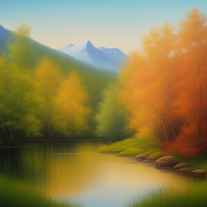 Herbstliche Flussidylle: Digitales Gemälde einer malerischen Flusslandschaft | Durch AI generierte Kunst | 00048