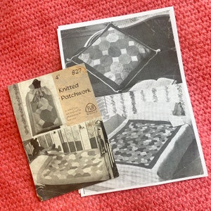 May include: A black and white image of a knitting pattern booklet with the title "Knitted Patchwork" and the number 827. The booklet shows a close-up of a knitted pillow and a larger knitted blanket.