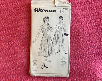 Seltenes Original Vintage Schnittmuster Frauen 354 1950er Jahre Kleid Jacke Jacke Büste 34 Factory Fold