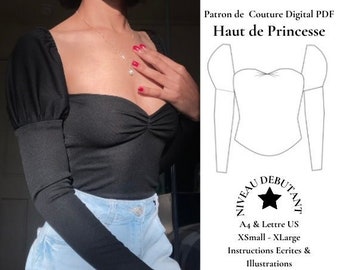 Patron de couture PDF pour un haut style princesse | Téléchargement instantané |tailles XS à XL | Options d'impression en A4 et Lettre Us