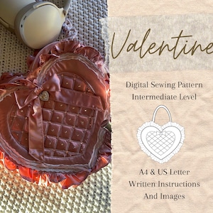 Modello di cucito per borsa a forma di cuore Coquette: fai da te con volant e fiocco (A4/US Letter)