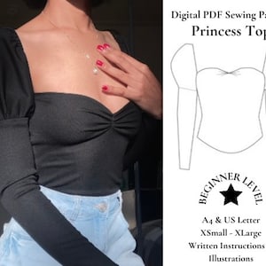 Patrón de costura para top princesa en PDF / Descarga instantánea / Tamaños XS a XL / Opciones de impresión en A4 y tamaño carta (EE. UU.) / Patrón de costura para top primavera/verano