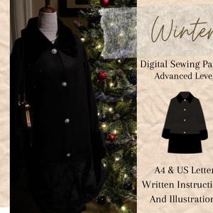 Może przedstawiać: Cyfrowy wzór szycia na czarny zimowy płaszcz z kołnierzem z futra. Wzór zawiera instrukcje pisemne i ilustracje w formacie A4 i US Letter. Wzór jest przeznaczony dla zaawansowanych krawcowych.