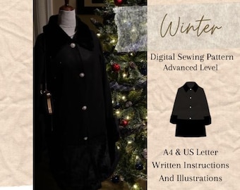 May include: A digital sewing pattern for a black winter coat with a fur collar. The pattern includes A4 and US Letter size written instructions and illustrations. The pattern is for an advanced level sewer.