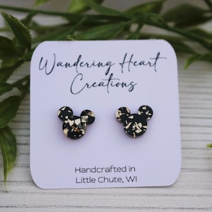 Magic Mouse Stud Earrings | Black Acrylic with Gold Flakes | Disney Inspired Jewelry | Cute Mickey Studs | Gift for Disney Lover