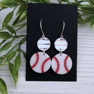 Baseball Dangle Earrings | Textured Silver Mirror Topper | Sports Fan Jewelry | Game Day Earrings | Gift for Baseball Lover