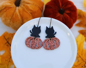 Spooky Black Cat Pumpkin Earrings | Halloween Glitter Earrings, Spooky Cute Fall Jewelry, Cat Lover Gift