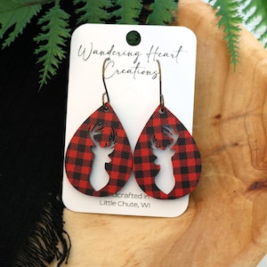 Buffalo Plaid Deer Cutout Earrings | Red & Black Plaid | Teardrop