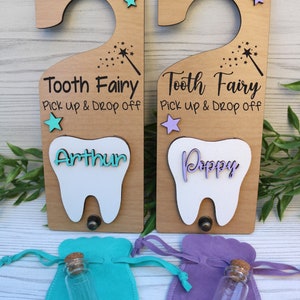 Gepersonaliseerde Tandenfee-deurhanger | Tandenfee ophalen en wegbrengen | Cadeau voor kind