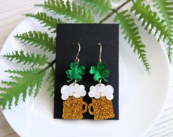 St. Patrick's Day Beer Mug Dangle Earrings | Shamrock