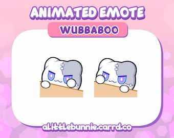 Puede incluir: Emoticono animado de un personaje blanco y gris con ojos azules, mirando hacia la derecha, asomándose por encima de una superficie marrón. El texto "WUBBABOO" está por encima del personaje. El texto "alittlelebunnie.carrd.co" está debajo del personaje.