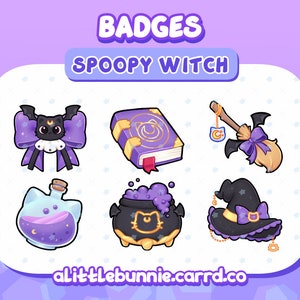 Puede incluir: Un conjunto de seis insignias coloridas con un tema de bruja espeluznante. Las insignias incluyen un gato negro con un lazo morado, un libro morado con un cierre dorado, una escoba con un lazo morado, una botella de poción, un caldero con un gato negro y un sombrero de bruja con un lazo morado.