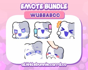 Puede incluir: Un conjunto de cinco emoticonos digitales que presentan un personaje de dibujos animados llamado Wubbaboo. El personaje es blanco con detalles grises, detalles de costura y varias expresiones, incluyendo un guiño, sosteniendo letreros y sonrojándose. El fondo es rosa y morado.