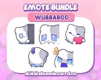 Puede incluir: Un conjunto de cinco emojis animados que presentan un personaje blanco cosido con diferentes expresiones. El personaje se llama "Wubbaboo" y se muestra mirando a escondidas, llorando, sosteniendo un corazón, pareciendo confundido y gritando. Los emojis están diseñados para usar en Twitch, Discord u otras plataformas en línea.