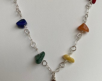 Sterling Silver necklace with sterling crystal  Chakra Pendant and natural, colorful tumbled stone beads.