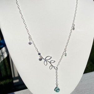 Sterling Silver Leaf Branch Necklace with Crystal Drop, tiny sapphire and emerald stone beads image 1